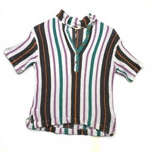 Free People Top Striped Waffle Knit‎ Small Womens Boho Indie Multi Henley Button